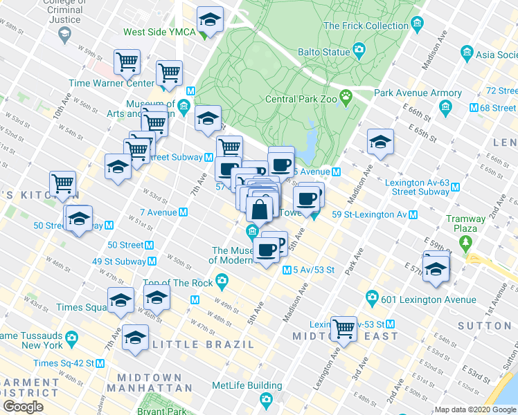 map of restaurants, bars, coffee shops, grocery stores, and more near 48 West 55th Street in New York