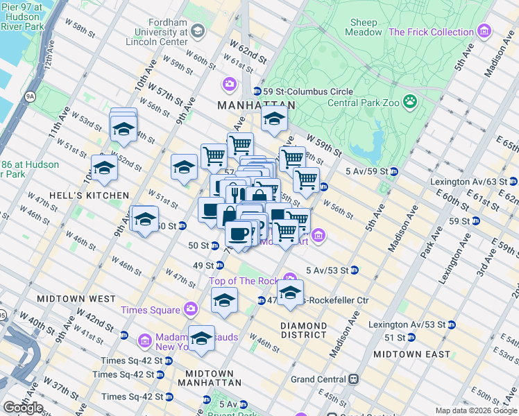 map of restaurants, bars, coffee shops, grocery stores, and more near 152 West 52nd Street in New York