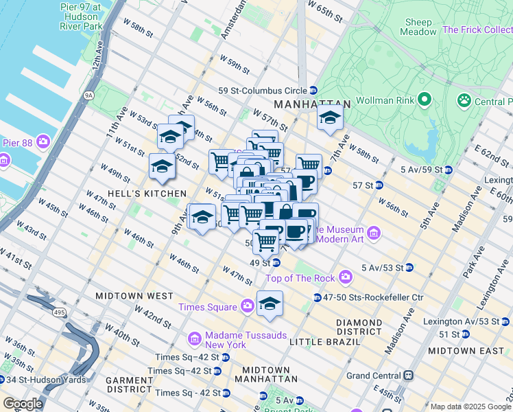 map of restaurants, bars, coffee shops, grocery stores, and more near 217 West 51st Street in New York