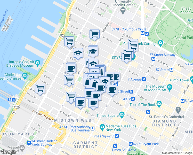 map of restaurants, bars, coffee shops, grocery stores, and more near 401-499 West 48th Street in New York