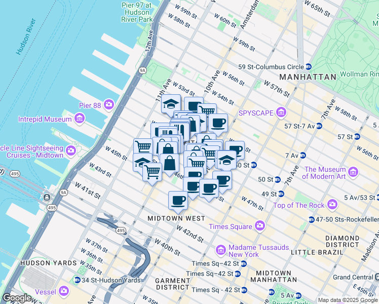map of restaurants, bars, coffee shops, grocery stores, and more near 447 West 47th Street in New York