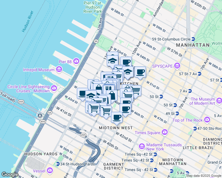 map of restaurants, bars, coffee shops, grocery stores, and more near 456 West 47th Street in New York