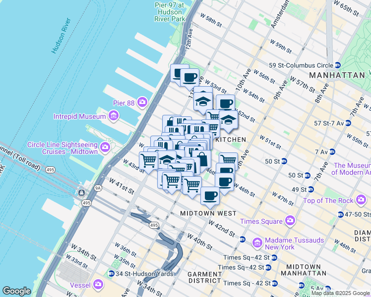 map of restaurants, bars, coffee shops, grocery stores, and more near 530 West 46th Street in New York