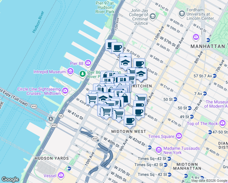 map of restaurants, bars, coffee shops, grocery stores, and more near 530 West 46th Street in New York