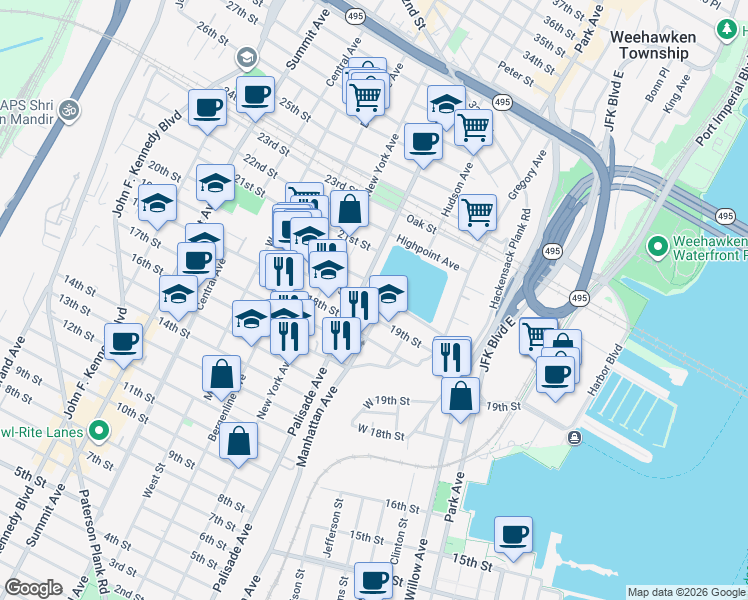 map of restaurants, bars, coffee shops, grocery stores, and more near 184 19th Street in Union City