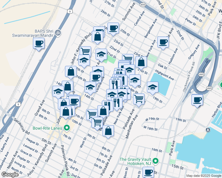 map of restaurants, bars, coffee shops, grocery stores, and more near 523 16th Street in Union City