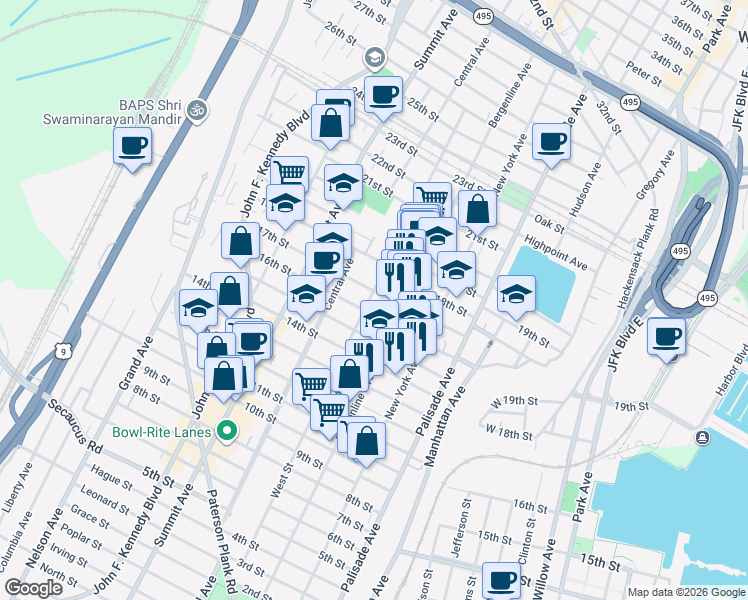 map of restaurants, bars, coffee shops, grocery stores, and more near 521 16th Street in Union City