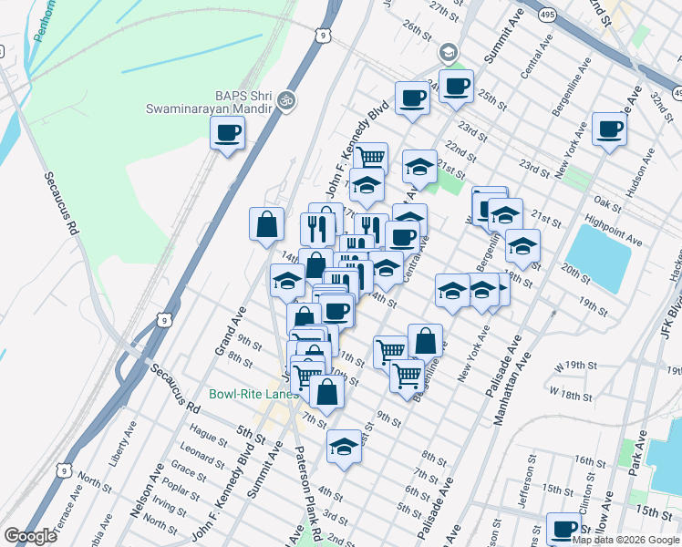 map of restaurants, bars, coffee shops, grocery stores, and more near 1311 Summit Avenue in Union City