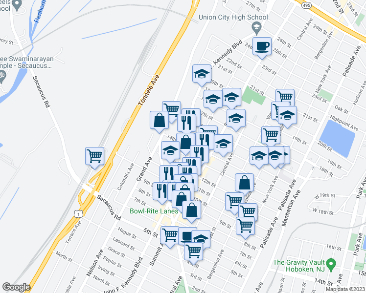 map of restaurants, bars, coffee shops, grocery stores, and more near 1111 13th Street in North Bergen