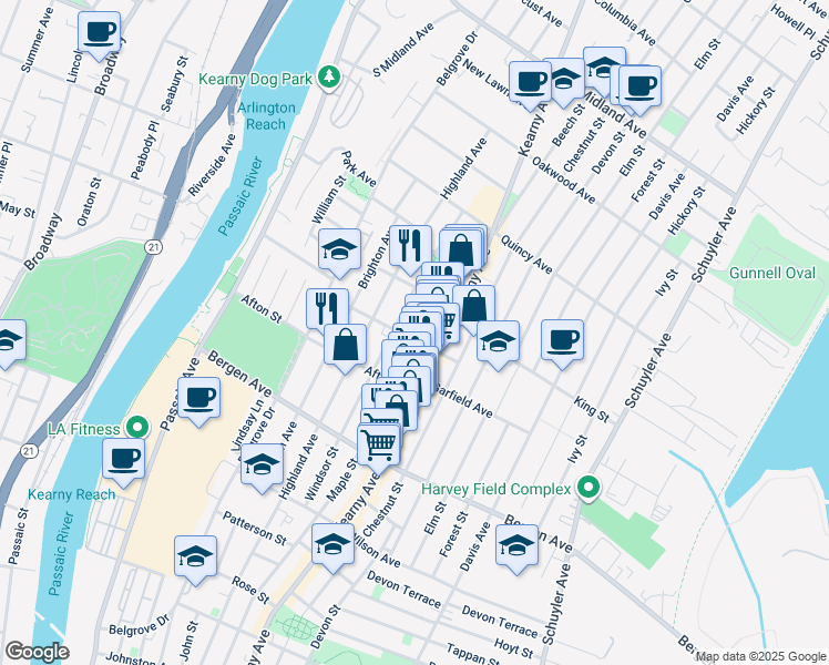 map of restaurants, bars, coffee shops, grocery stores, and more near 299 Maple Street in Kearny