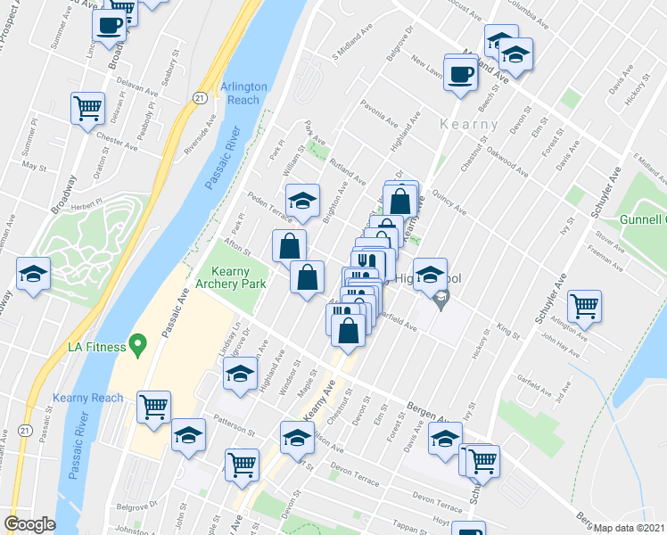 map of restaurants, bars, coffee shops, grocery stores, and more near 280 Highland Avenue in Kearny