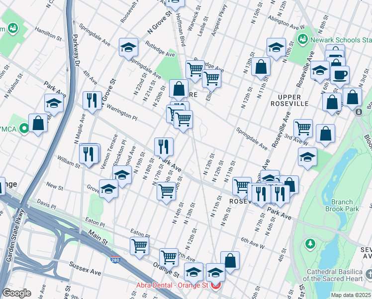 map of restaurants, bars, coffee shops, grocery stores, and more near 201 North 15th Street in East Orange