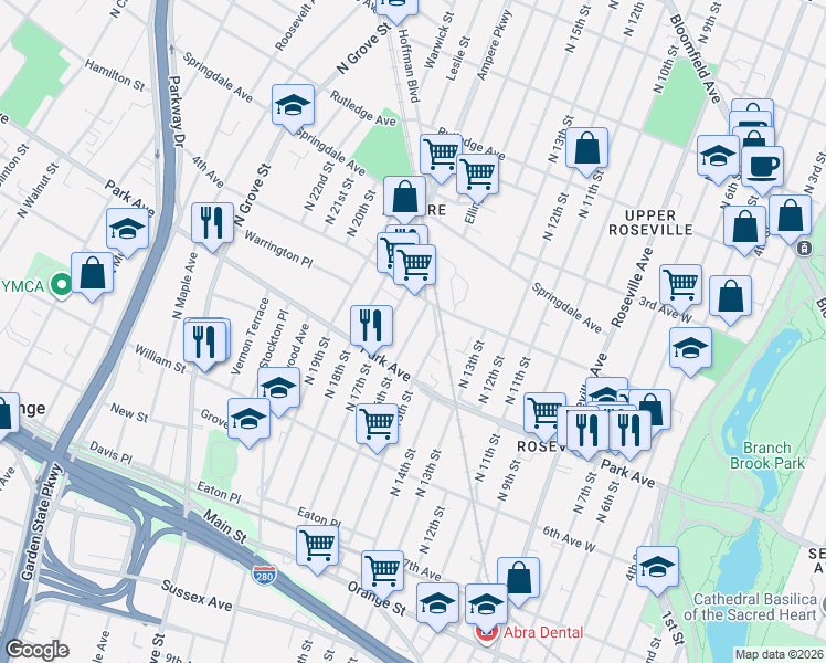 map of restaurants, bars, coffee shops, grocery stores, and more near 201 North 15th Street in East Orange