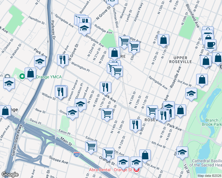 map of restaurants, bars, coffee shops, grocery stores, and more near 66 Park Avenue in East Orange