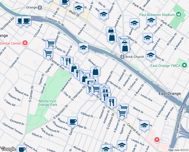 map of restaurants, bars, coffee shops, grocery stores, and more near 176 South Harrison Street in East Orange