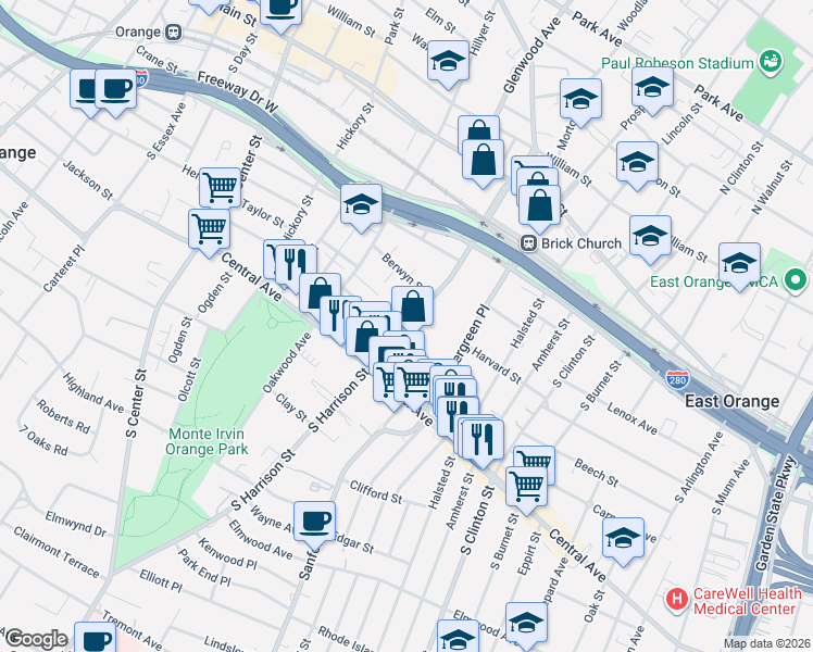 map of restaurants, bars, coffee shops, grocery stores, and more near 176 South Harrison Street in East Orange