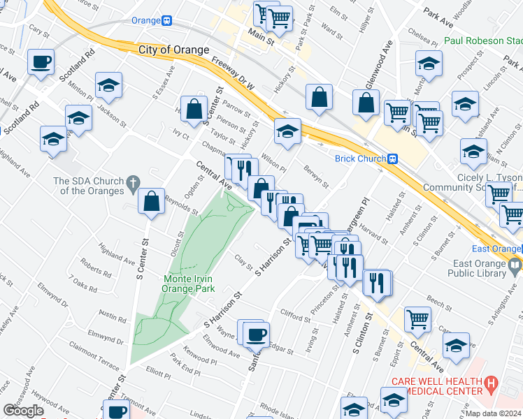 map of restaurants, bars, coffee shops, grocery stores, and more near 258 Oakwood Avenue in City of Orange