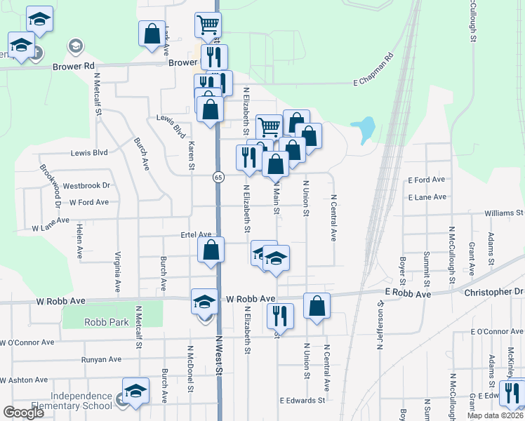 map of restaurants, bars, coffee shops, grocery stores, and more near 1540 N Elizabeth St in Lima