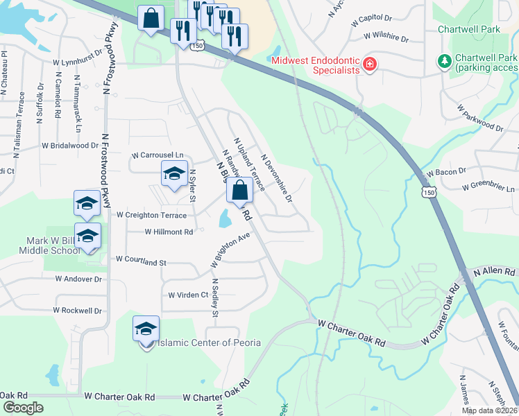 map of restaurants, bars, coffee shops, grocery stores, and more near 6100-6264 N Big Hollow Rd in Peoria