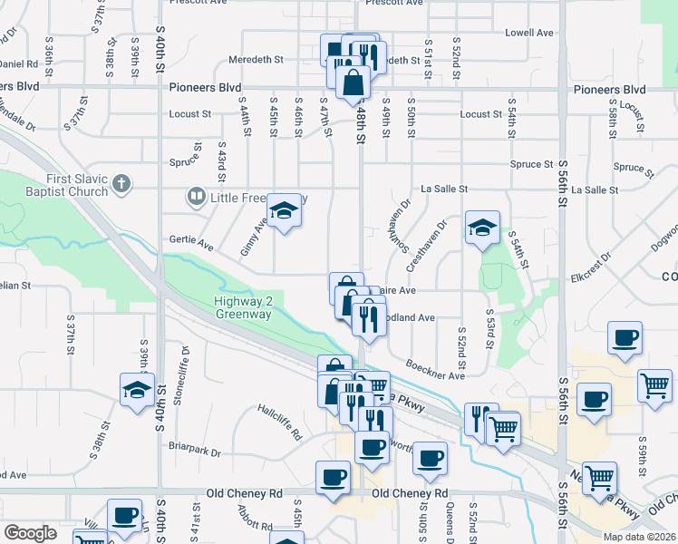 map of restaurants, bars, coffee shops, grocery stores, and more near 4631 Claire Avenue in Lincoln