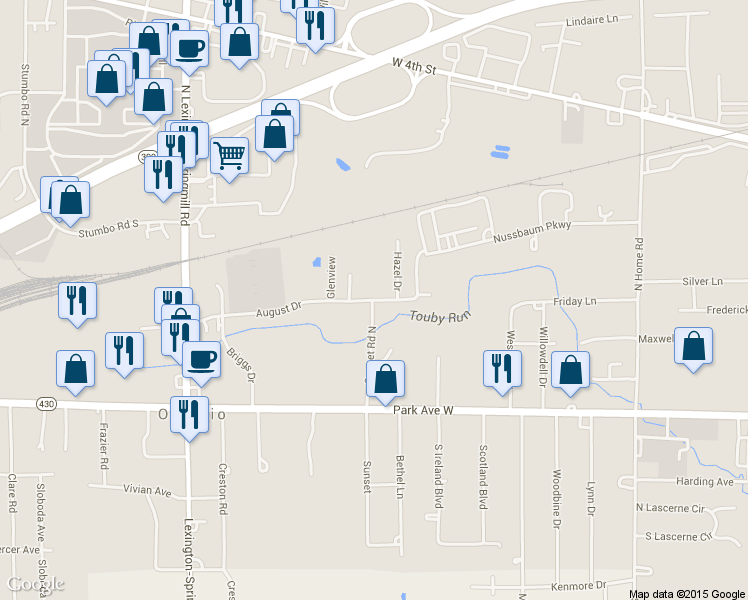 map of restaurants, bars, coffee shops, grocery stores, and more near 199 Sunset Rd N in Ontario