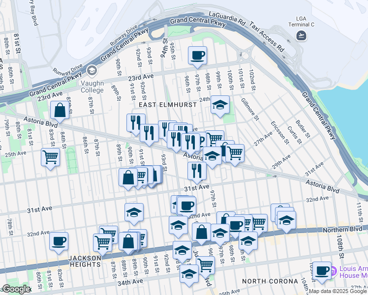 map of restaurants, bars, coffee shops, grocery stores, and more near in Queens