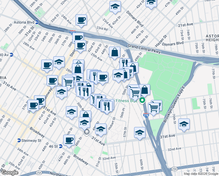 map of restaurants, bars, coffee shops, grocery stores, and more near 25-74 48th Street in Queens