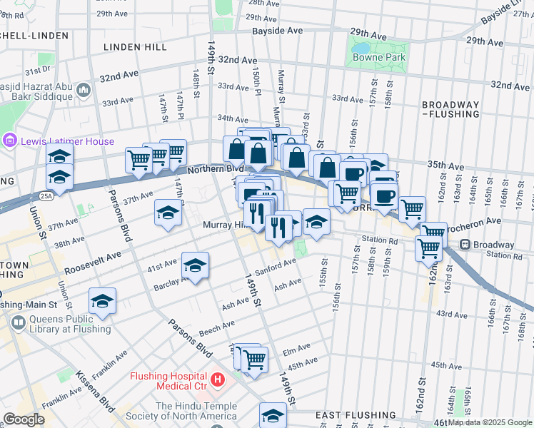 map of restaurants, bars, coffee shops, grocery stores, and more near 40-17 150th Street in Queens