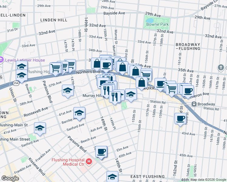 map of restaurants, bars, coffee shops, grocery stores, and more near 41-13 150th Street in Queens
