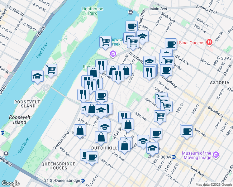 map of restaurants, bars, coffee shops, grocery stores, and more near 12th Street in Queens