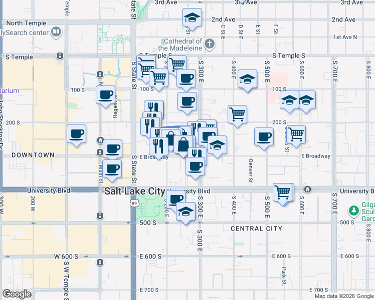 map of restaurants, bars, coffee shops, grocery stores, and more near 251 East 300 South in Salt Lake City