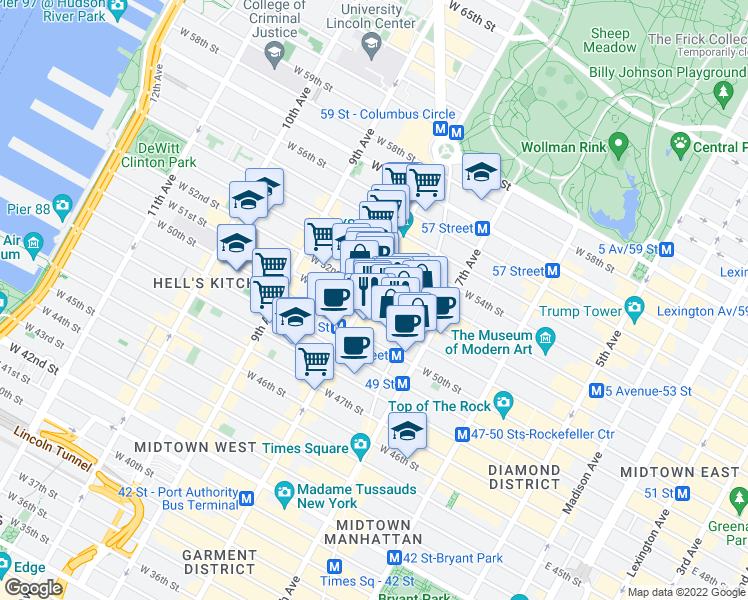 map of restaurants, bars, coffee shops, grocery stores, and more near 217 West 51st Street in New York