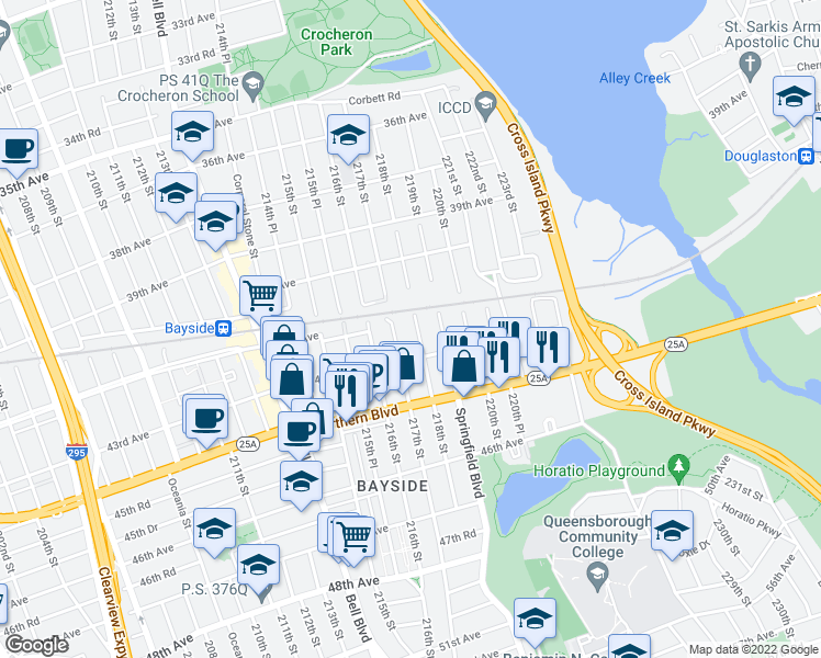 map of restaurants, bars, coffee shops, grocery stores, and more near 42-04 218th Street in Queens
