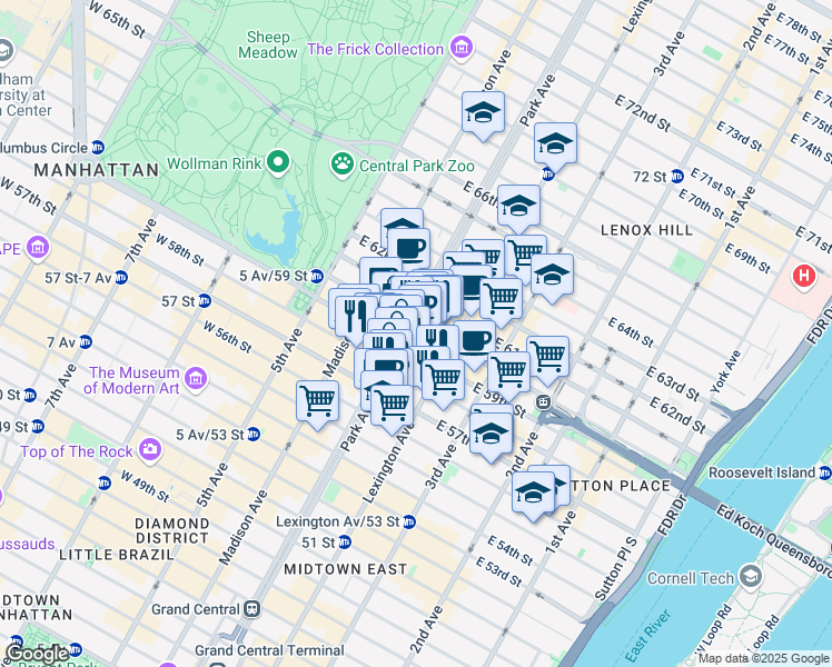 map of restaurants, bars, coffee shops, grocery stores, and more near 515 Park Avenue in New York