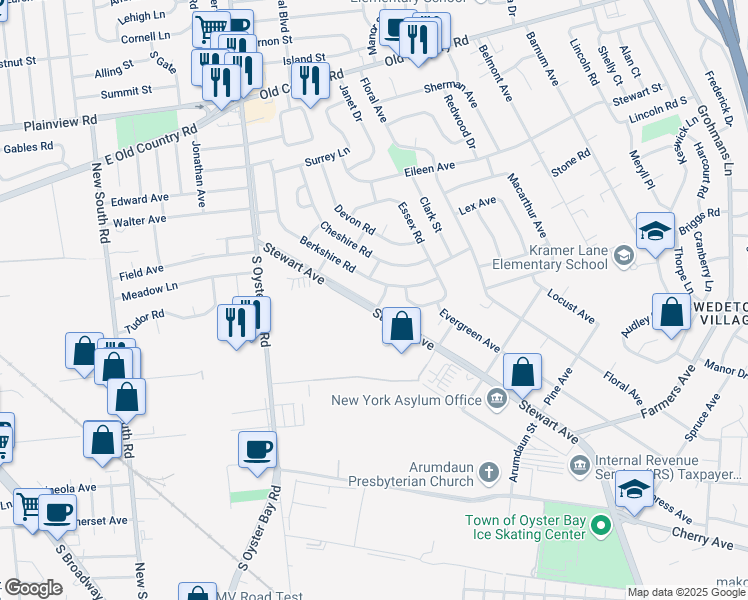 map of restaurants, bars, coffee shops, grocery stores, and more near 1150 Stewart Avenue in Bethpage