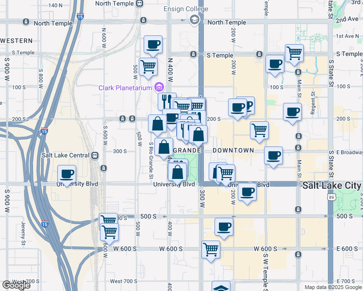 map of restaurants, bars, coffee shops, grocery stores, and more near 300 West 300 South in Salt Lake City
