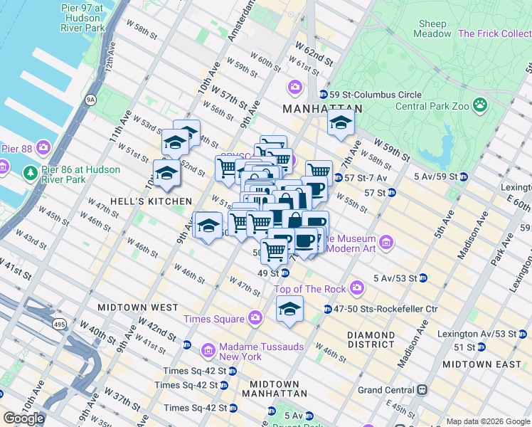 map of restaurants, bars, coffee shops, grocery stores, and more near 260 West 52nd Street in New York