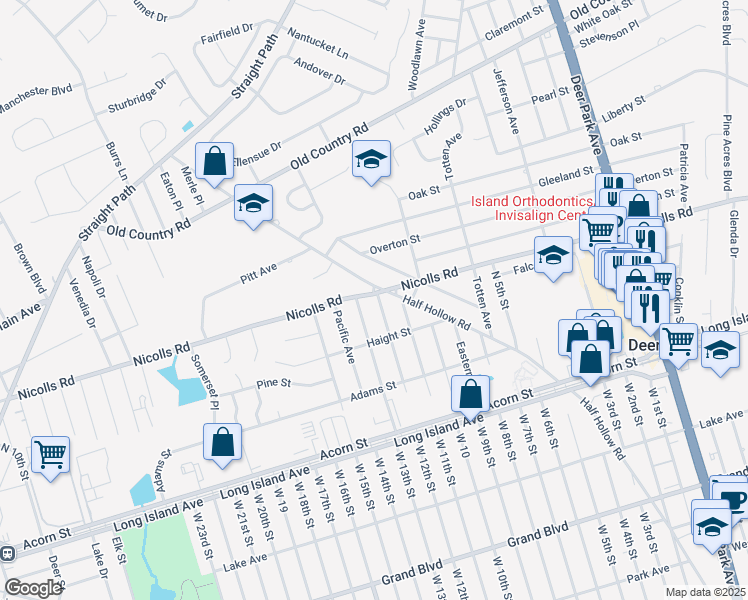 map of restaurants, bars, coffee shops, grocery stores, and more near 79 Howell Avenue in Deer Park