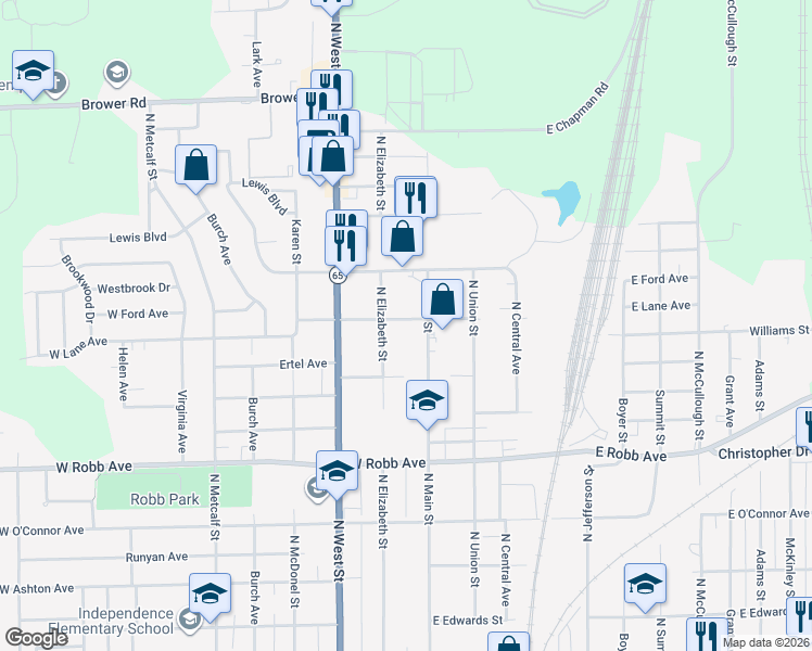 map of restaurants, bars, coffee shops, grocery stores, and more near 1540 N Elizabeth St in Lima