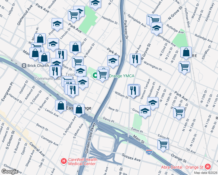 map of restaurants, bars, coffee shops, grocery stores, and more near in East Orange