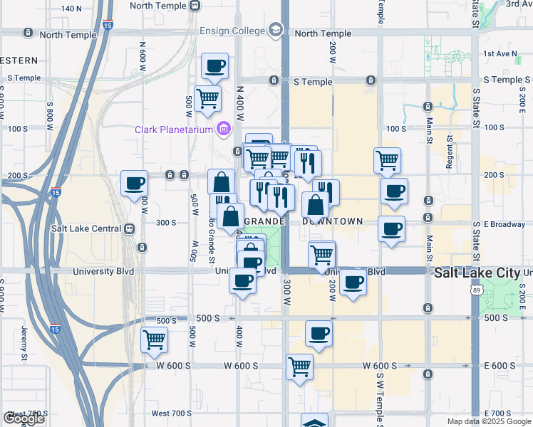 map of restaurants, bars, coffee shops, grocery stores, and more near 336 West Broadway in Salt Lake City