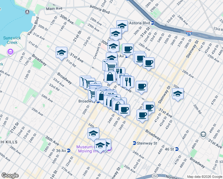 map of restaurants, bars, coffee shops, grocery stores, and more near 31-40 33rd Street in Queens