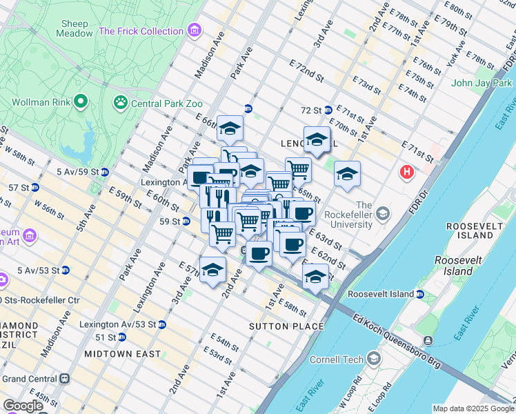 map of restaurants, bars, coffee shops, grocery stores, and more near 230 East 63rd Street in New York
