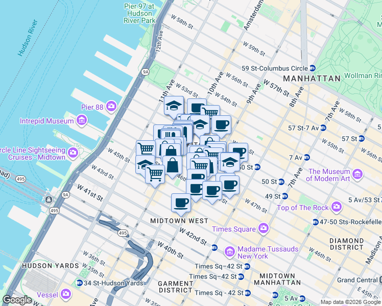 map of restaurants, bars, coffee shops, grocery stores, and more near 447 West 47th Street in New York