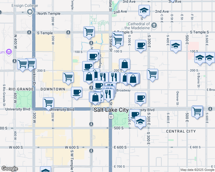 map of restaurants, bars, coffee shops, grocery stores, and more near 311 State Street in Salt Lake City