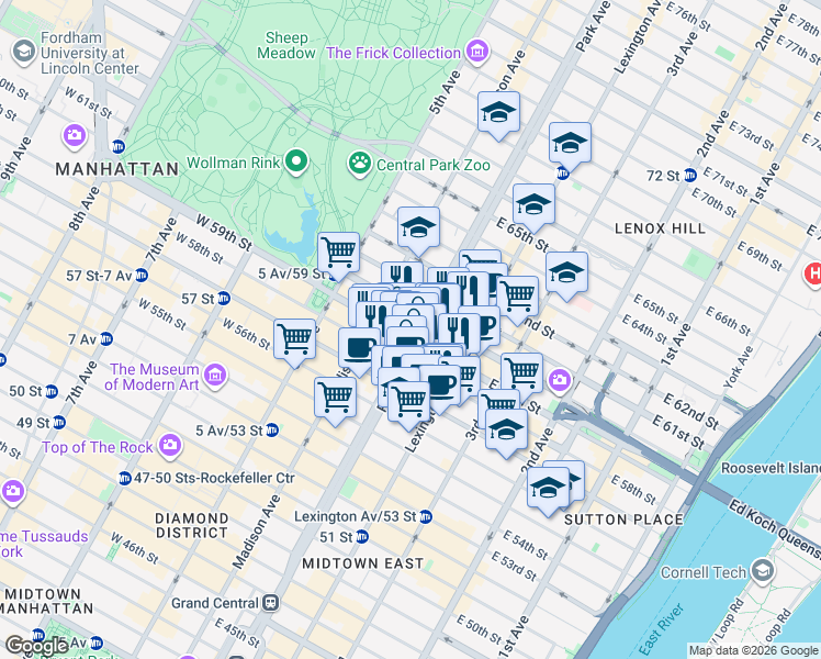 map of restaurants, bars, coffee shops, grocery stores, and more near 502 Park Avenue in New York