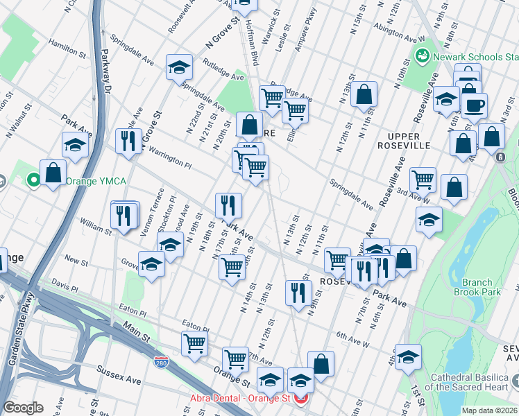 map of restaurants, bars, coffee shops, grocery stores, and more near 201 North 15th Street in East Orange
