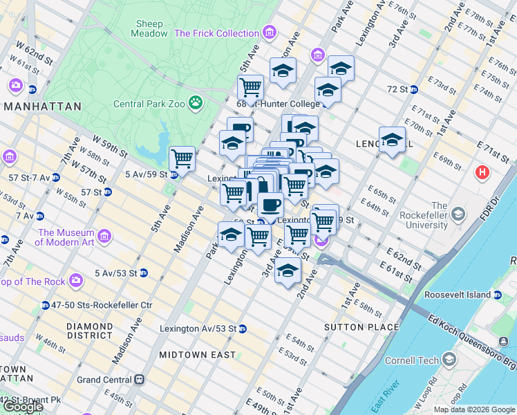 map of restaurants, bars, coffee shops, grocery stores, and more near in New York