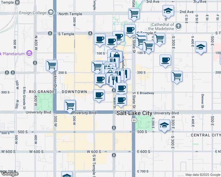 map of restaurants, bars, coffee shops, grocery stores, and more near 268 South Main Street in Salt Lake City