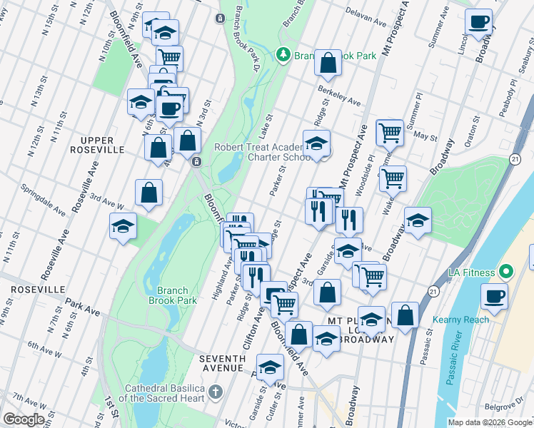 map of restaurants, bars, coffee shops, grocery stores, and more near 315 Parker Street in Newark